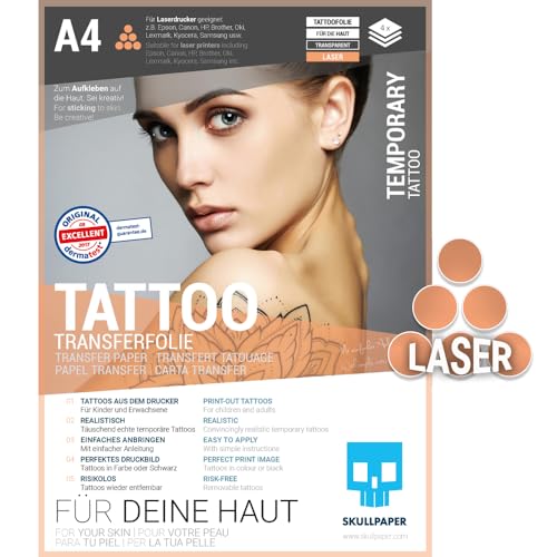 SKULLPAPER® temporäre Tattoo-Transferfolie FÜR DIE HAUT - SEHR GUT getestet - für Laserdrucker (A4-4 Blatt)