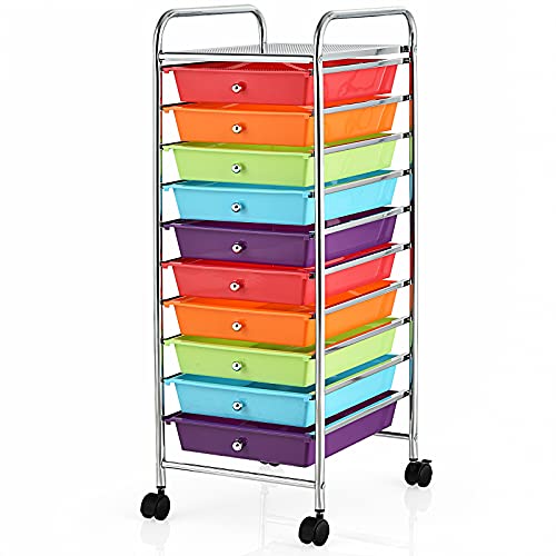 COSTWAY Rollwagen mit Schubladen Rollcontainer Badrollwagen Badtrolley Badregal Beistellwagen mit 10 stapelbaren Schubladen Metallgestell (Rot und Lila)